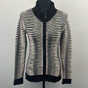 Millmas Alpaca Sweater Black/Cream Stripe Zip Up Long Sleeve Mockneck Cardigan M